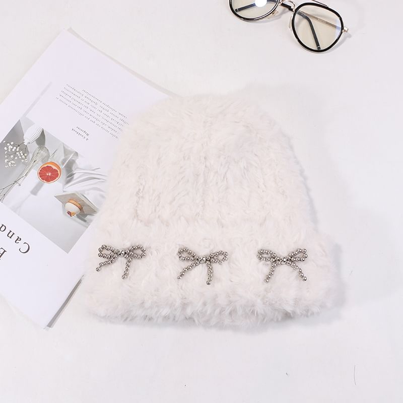 Bow Studded Metallic Beanie Chenille