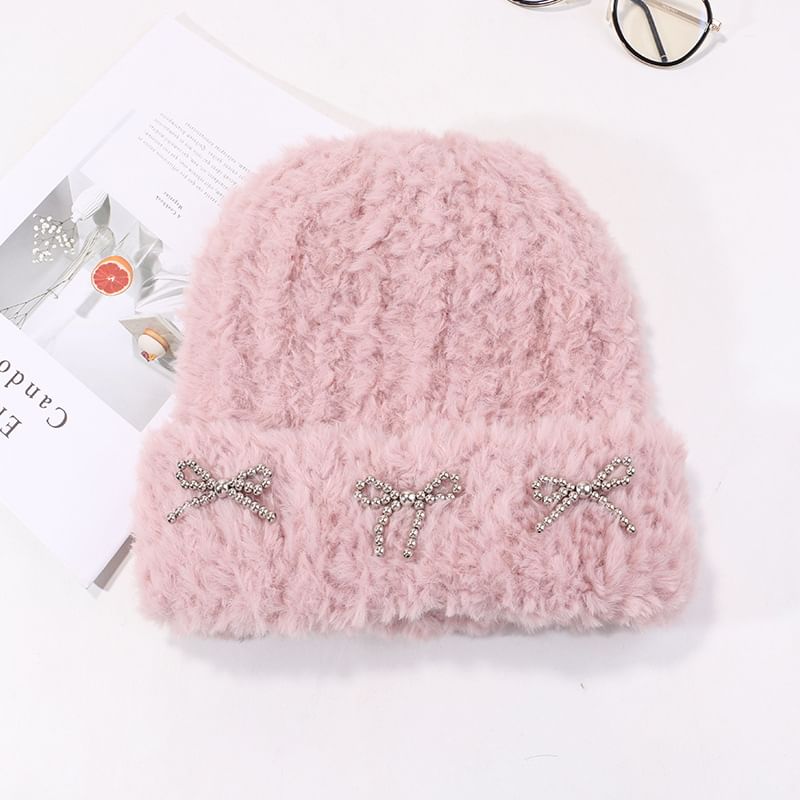 Bow Studded Metallic Beanie Chenille