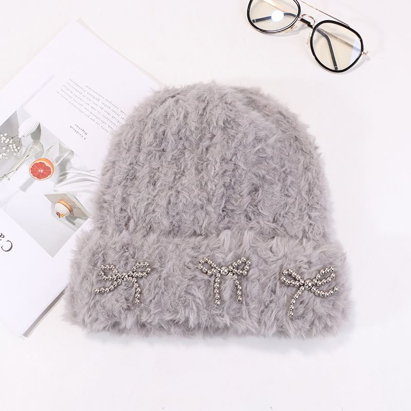 Bow Studded Metallic Beanie Chenille