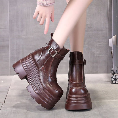 Platform Buckled Boots Genuine Leather Plain Short Zip-Up