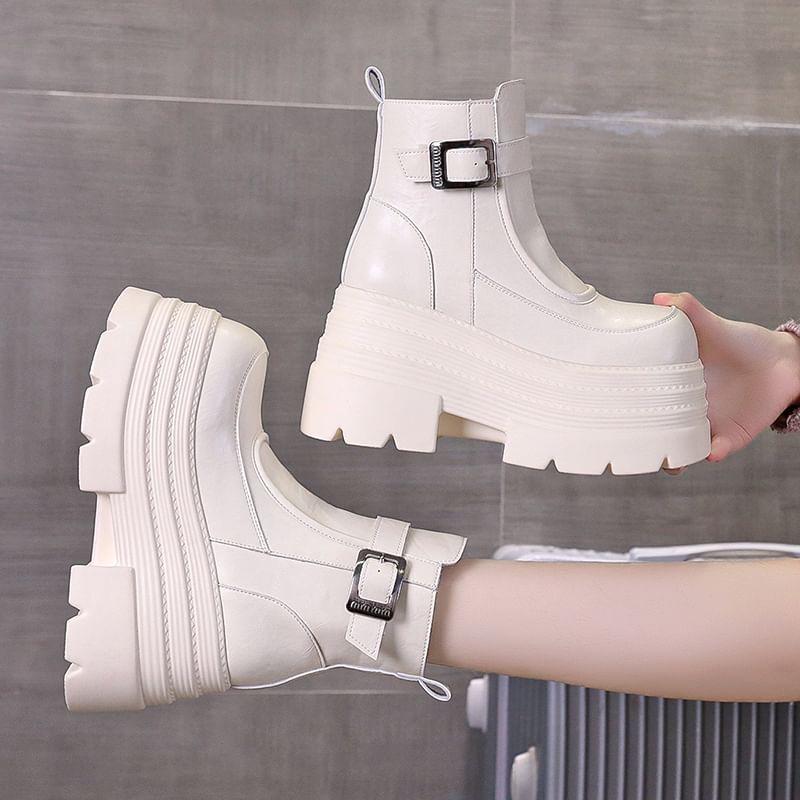 Platform Buckled Boots Genuine Leather Plain Short Zip-Up