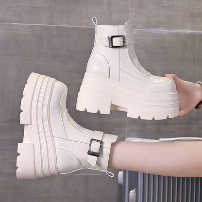 Platform Buckled Boots Genuine Leather Plain Short Zip-Up