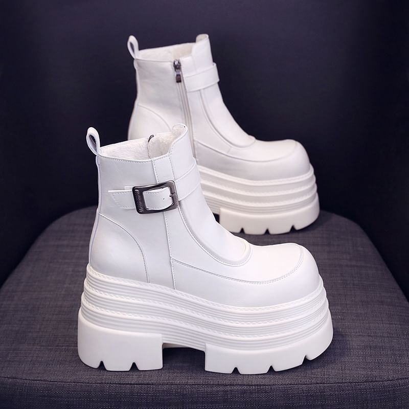 Platform Buckled Boots Genuine Leather Plain Short Zip-Up