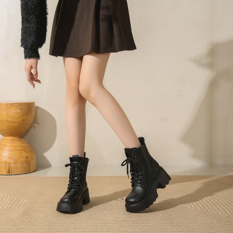 Leather Short Boots Genuine Lace-Up Platform Plain