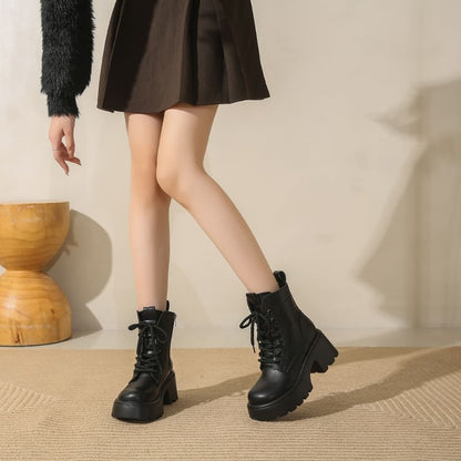 Leather Short Boots Genuine Lace-Up Platform Plain