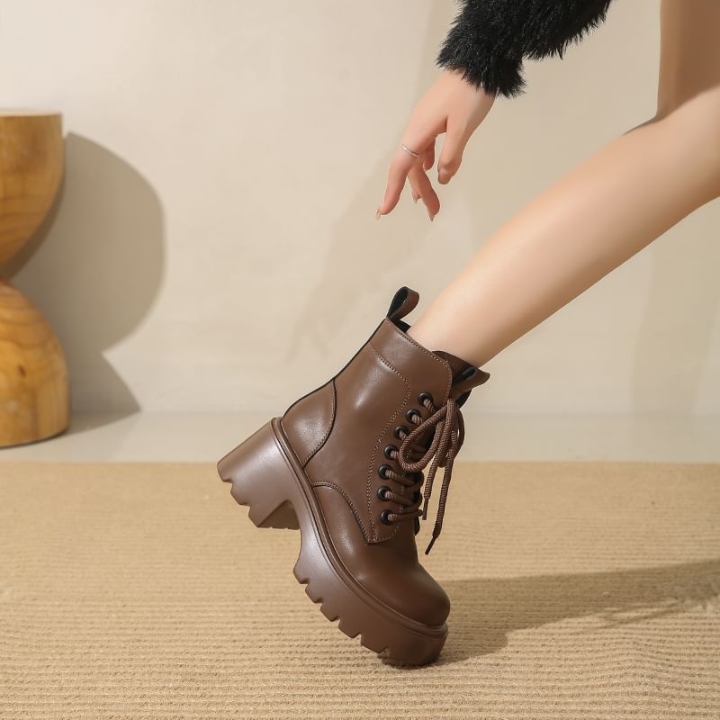 Leather Short Boots Genuine Lace-Up Platform Plain