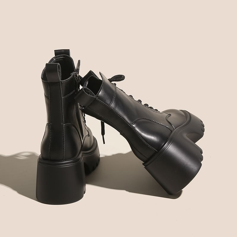 Leather Short Boots Genuine Lace-Up Platform Plain