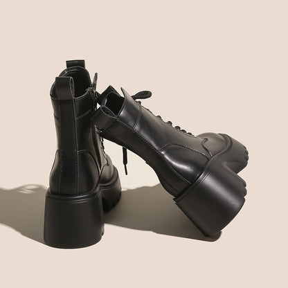 Leather Short Boots Genuine Lace-Up Platform Plain