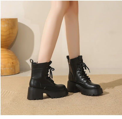 Leather Short Boots Genuine Lace-Up Platform Plain