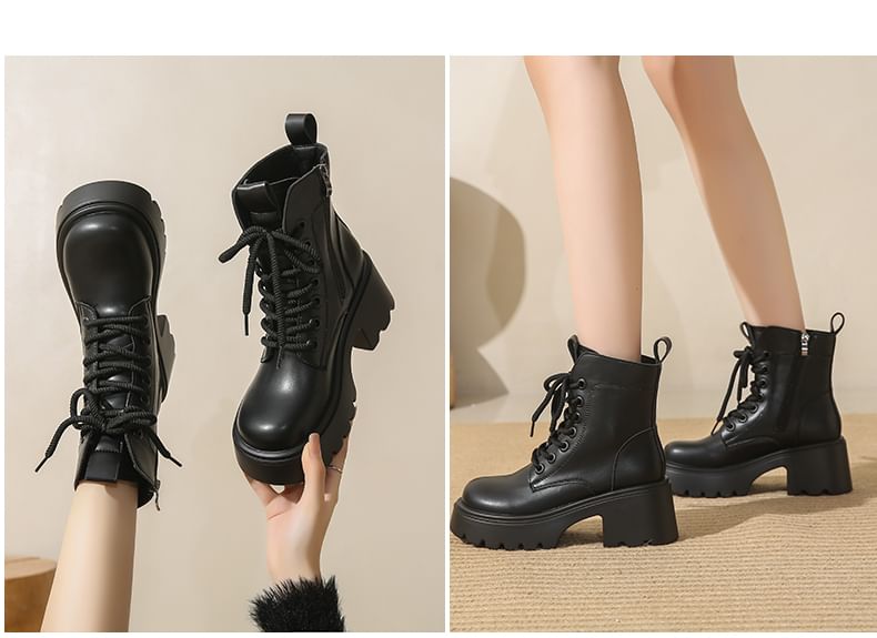Leather Short Boots Genuine Lace-Up Platform Plain