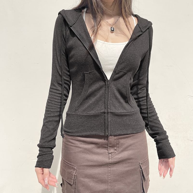 Up Plain Hoodie Drawstring Zip