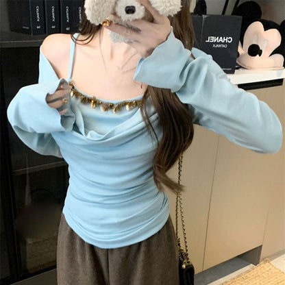 Mock Top Long Piece Shoulder Two Sleeve Off