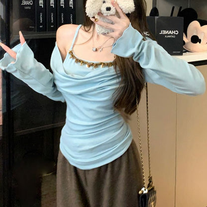 Mock Top Long Piece Shoulder Two Sleeve Off