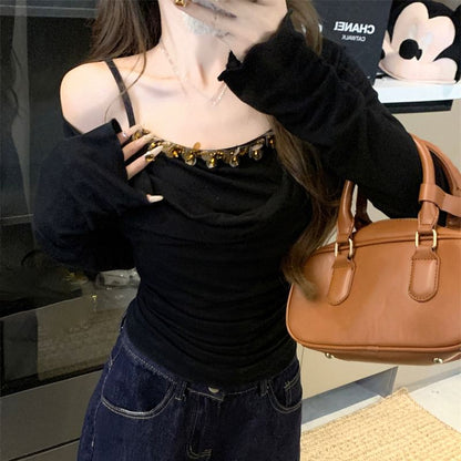 Mock Top Long Piece Shoulder Two Sleeve Off