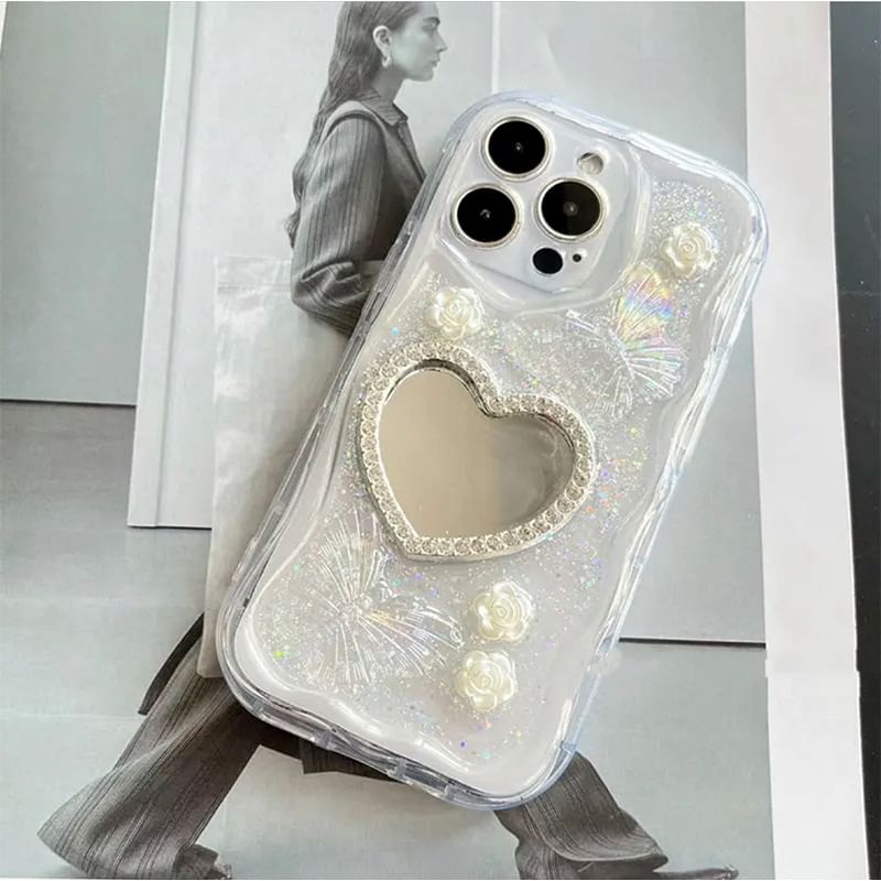 Strap Heart Pearl / Mirrored Set Case Faux Phone
