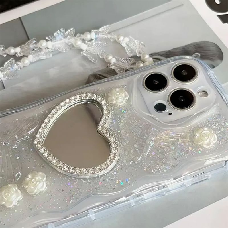 Heart Mirrored Phone Case / Faux Pearl Strap / Set