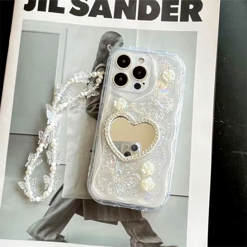 Strap Heart Pearl / Mirrored Set Case Faux Phone