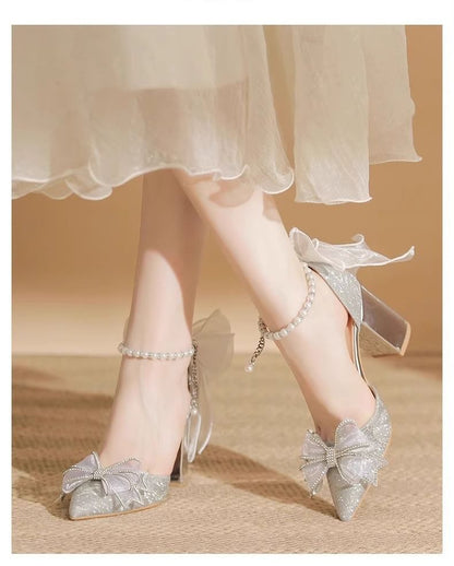 Block Sandals Bow Heel Glitter Pointy