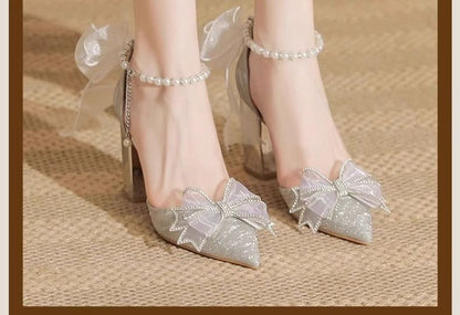 Block Sandals Bow Heel Glitter Pointy