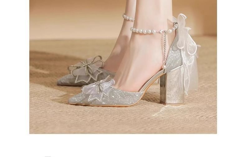 Block Sandals Bow Heel Glitter Pointy