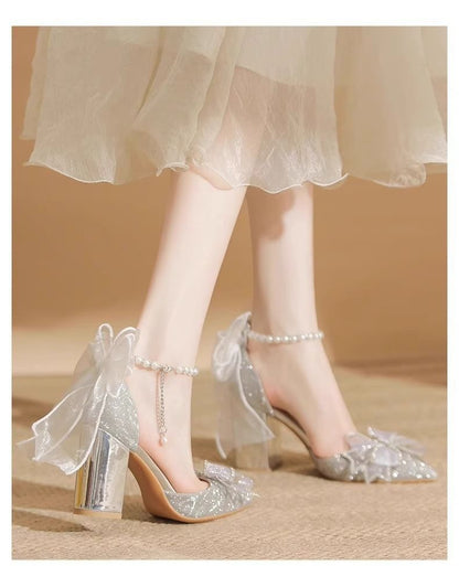 Block Sandals Bow Heel Glitter Pointy