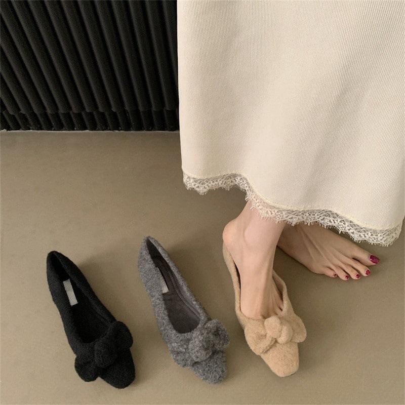 Square Wool Bow Toe Flats