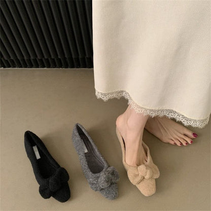 Square Wool Bow Toe Flats