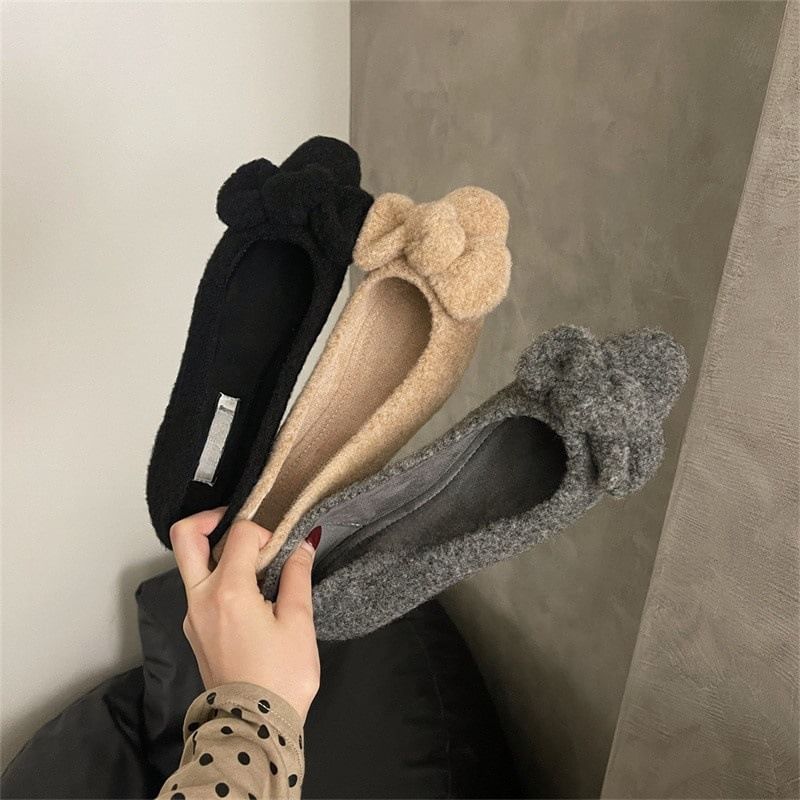Square Wool Bow Toe Flats
