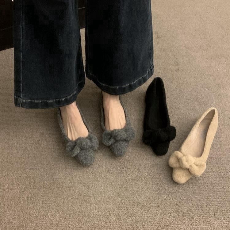Square Wool Bow Toe Flats