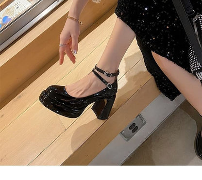 Jane Heel Pumps Chunky Mary Round Toe Platform