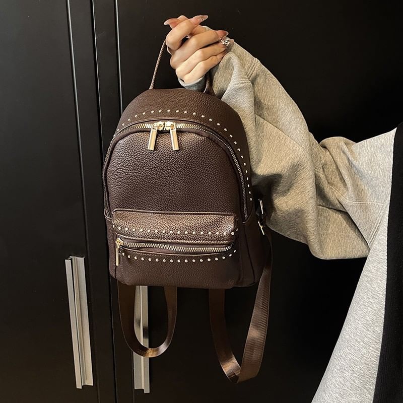 Studded Faux Backpack Plain Leather