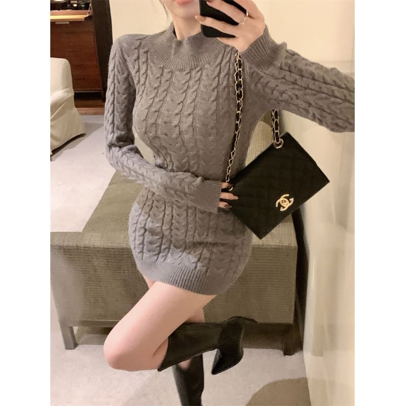 Neck Mini Cable Long-Sleeve Dress Sheath Back Knit Mock Open