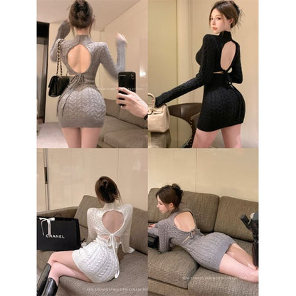 Neck Mini Cable Long-Sleeve Dress Sheath Back Knit Mock Open