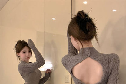 Neck Mini Cable Long-Sleeve Dress Sheath Back Knit Mock Open
