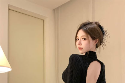 Neck Mini Cable Long-Sleeve Dress Sheath Back Knit Mock Open