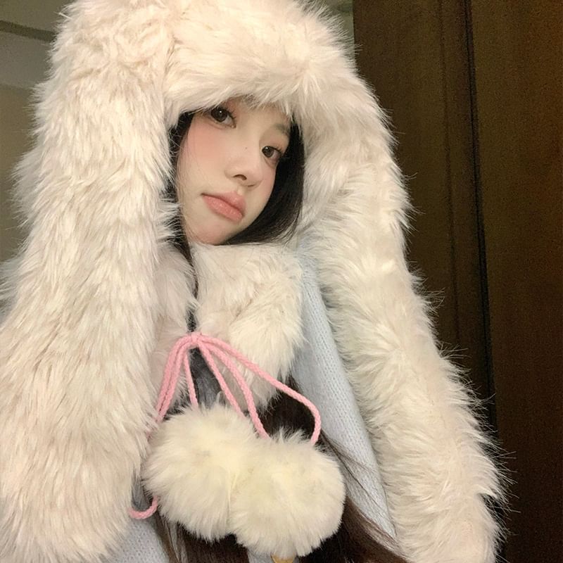 Pom Rabbit Ear Trapper Hat