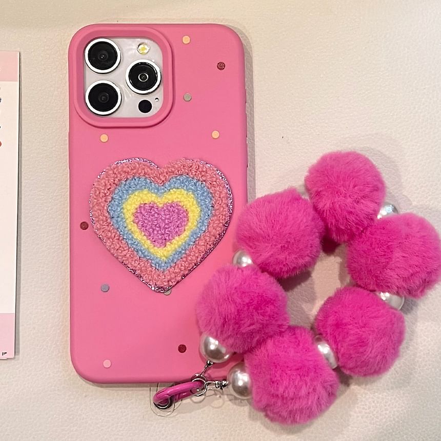 Set Phone Case Heart Pom Strap / Embroidered
