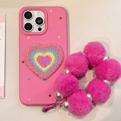 Set Phone Case Heart Pom Strap / Embroidered