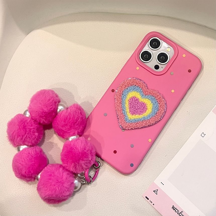 Heart Embroidered Phone Case / Pom Pom Strap / Set