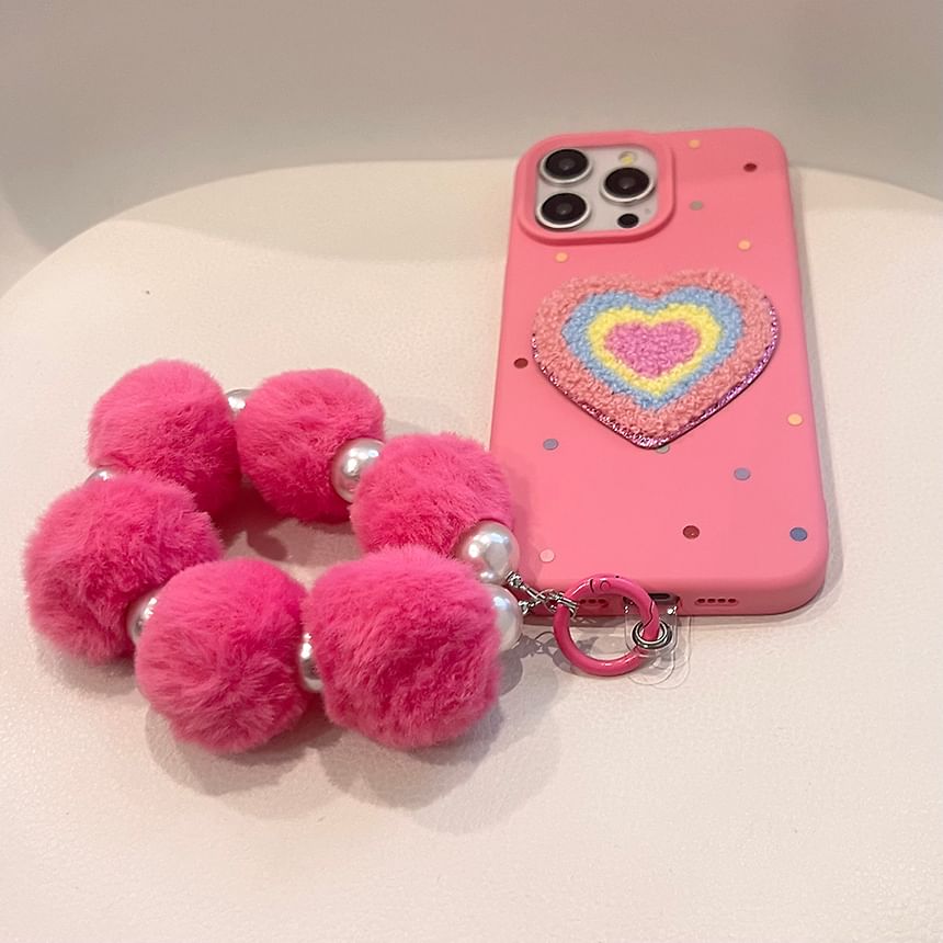 Set Phone Case Heart Pom Strap / Embroidered
