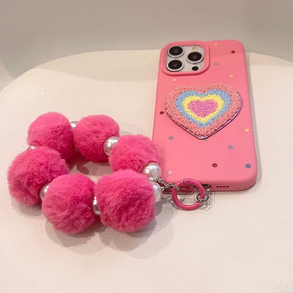 Heart Embroidered Phone Case / Pom Pom Strap / Set