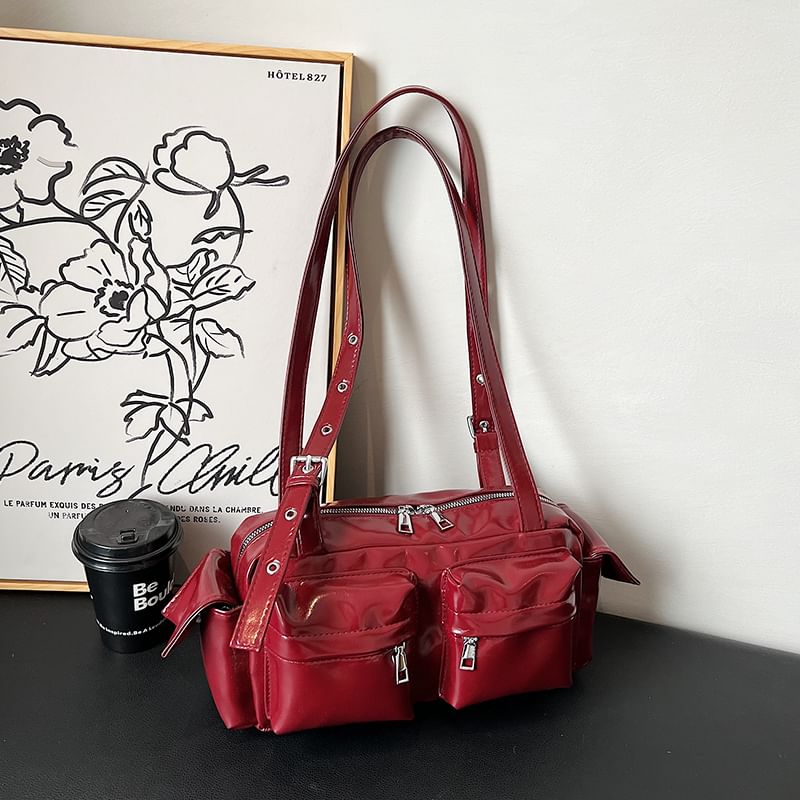 Multi-Pocket Shoulder Leather Bag Faux