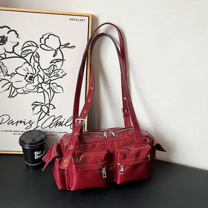 Multi-Pocket Shoulder Leather Bag Faux