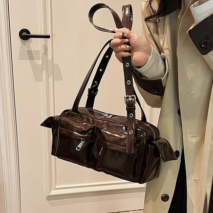 Multi-Pocket Shoulder Leather Bag Faux