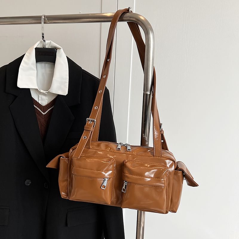 Multi-Pocket Shoulder Leather Bag Faux
