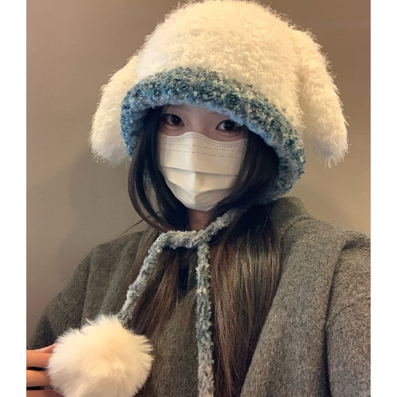 Hat Fluffy Knit Panel Rabbit Pom Ear