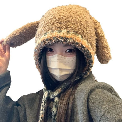 Hat Fluffy Knit Panel Rabbit Pom Ear