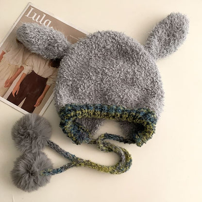 Hat Fluffy Knit Panel Rabbit Pom Ear