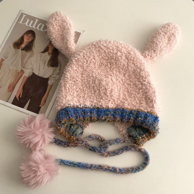 Hat Fluffy Knit Panel Rabbit Pom Ear