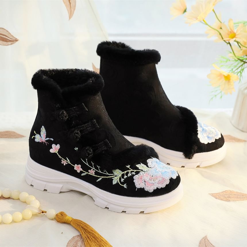 Floral Furry Trim Boots Lace-Up Short Embroidery